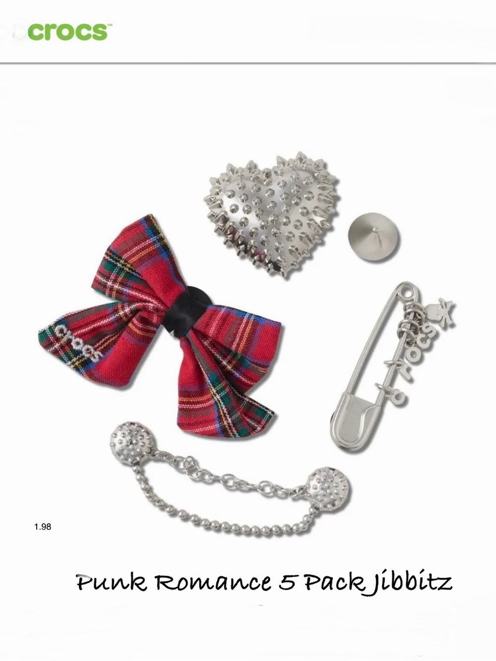 *new* CROCS Red Plaid Bow & Silver Punk Romance 5-Pack Jibbitz